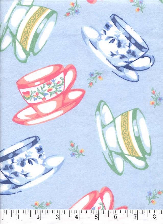 This flannel is a large print in blue with colorful tea cups & saucers.