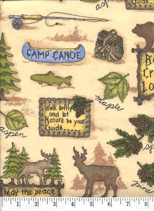 Scences from the northwoods are depicted on a cream  background.