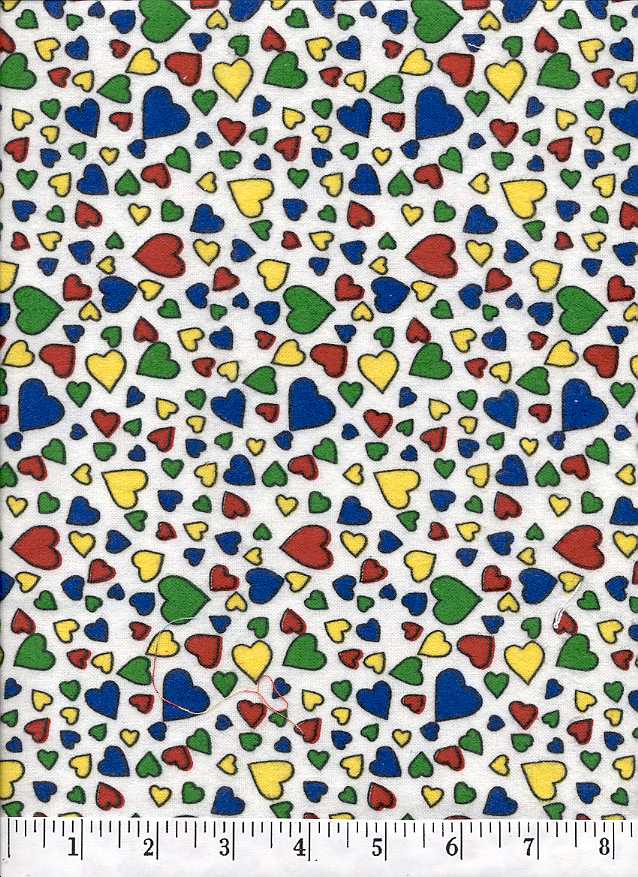 Here are green, red, blue and yellow hearts of soft white background.