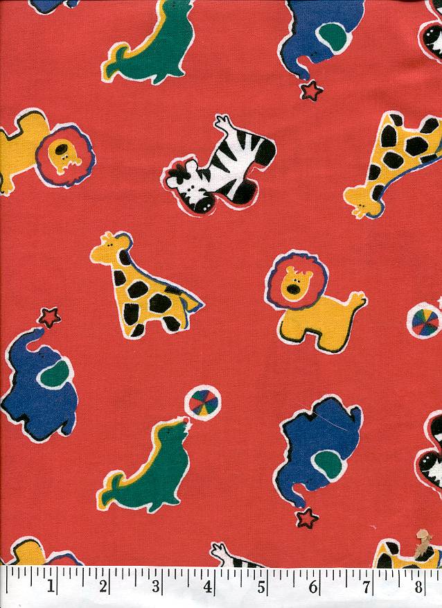 Little zoo animals on a red flannel background.