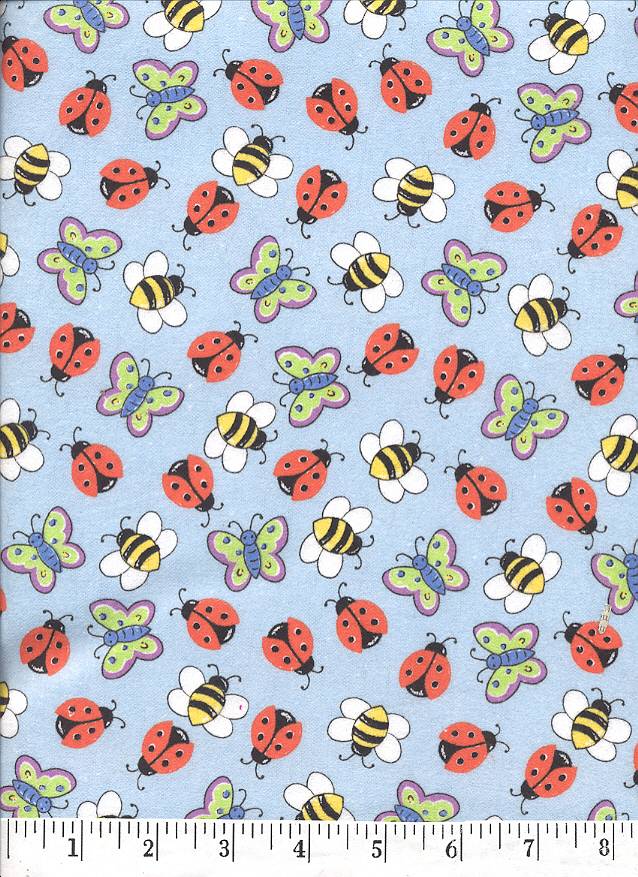 Lady bugs, butterfly, and bumble bees on a light blue background.