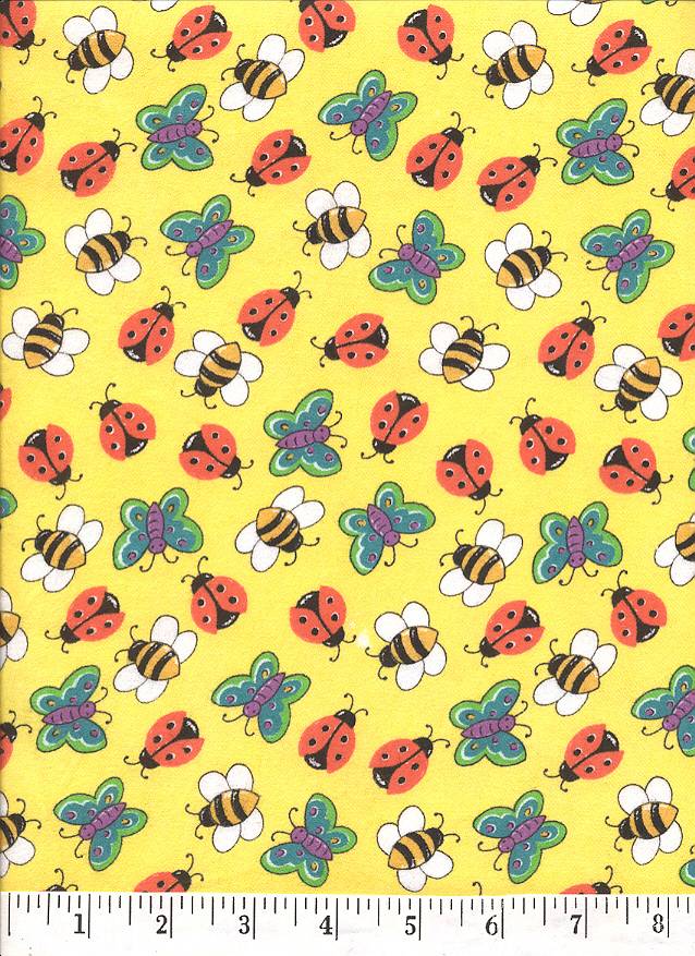 Lady bugs, butterflys, and bumble bees on a light yellow background.