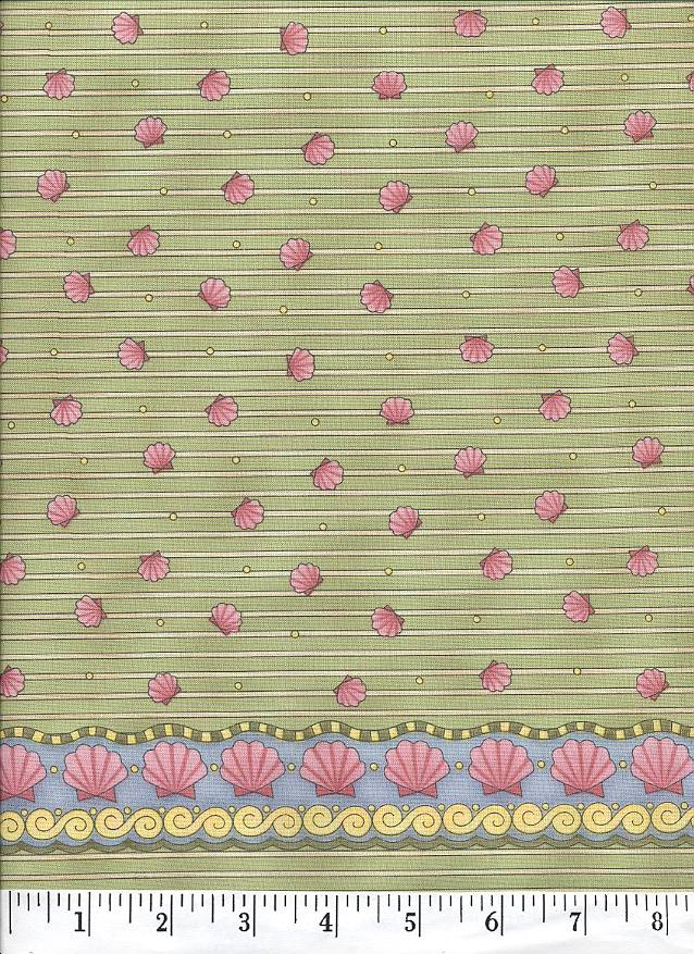 Pink Seashells on a Green striped background.