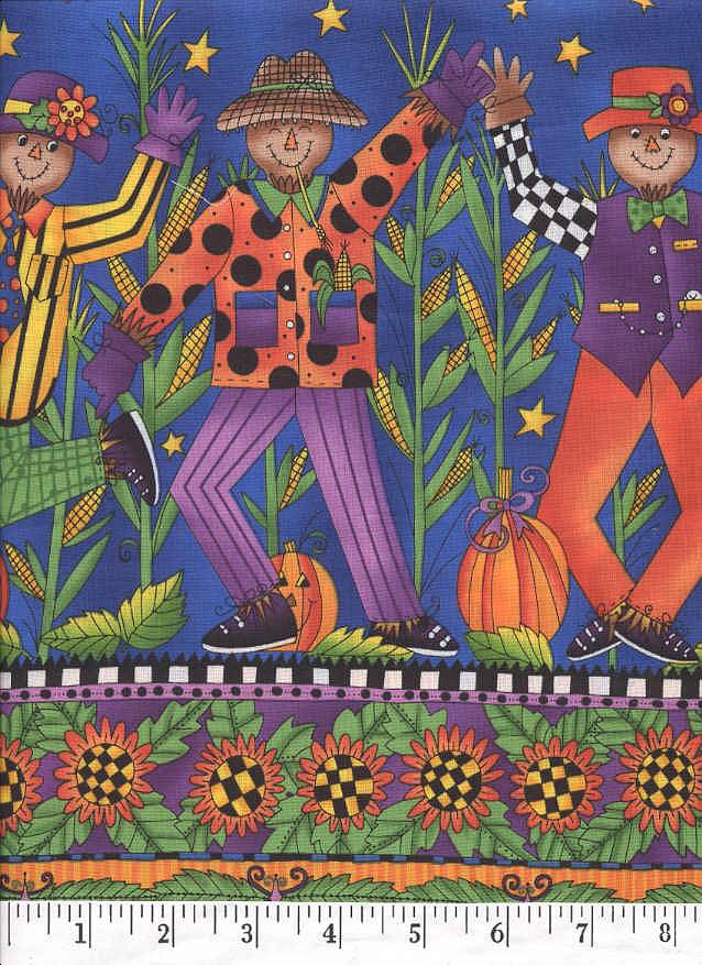 This is a directional border print in bright colors featuring a group on fun loving scarecrows.