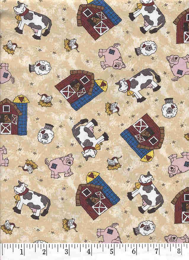 This fun and whimsical fabric has a crazy mix of farm animals and farm life on a cream background.