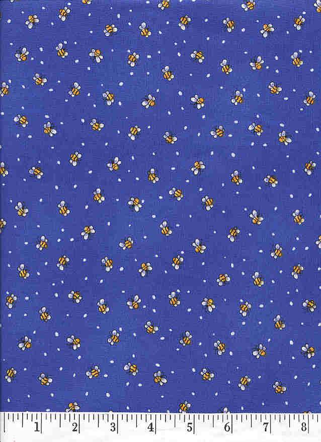 This fun and whimsical fabric has bees buzzing around on a blue background.