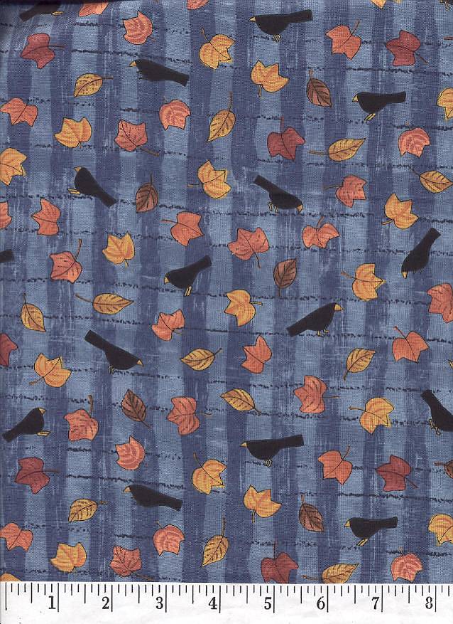 Adorable and whimsical crows on a blue background with fall leaves.