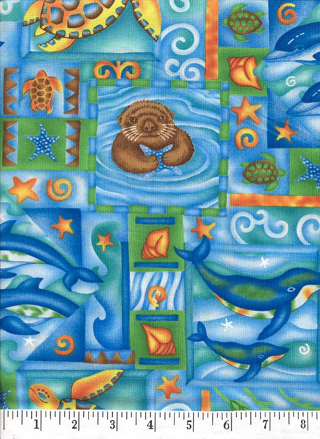 Bright turtles and fun loving otters on a fun bright colored background.