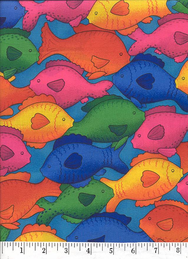 Colorful fish on a bright blue background.