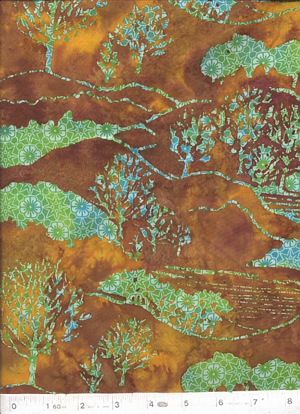Enjoy this delightful and unique multi-colored landscape and blue, green and golden tones colors cotton batik by Hoffman of California.