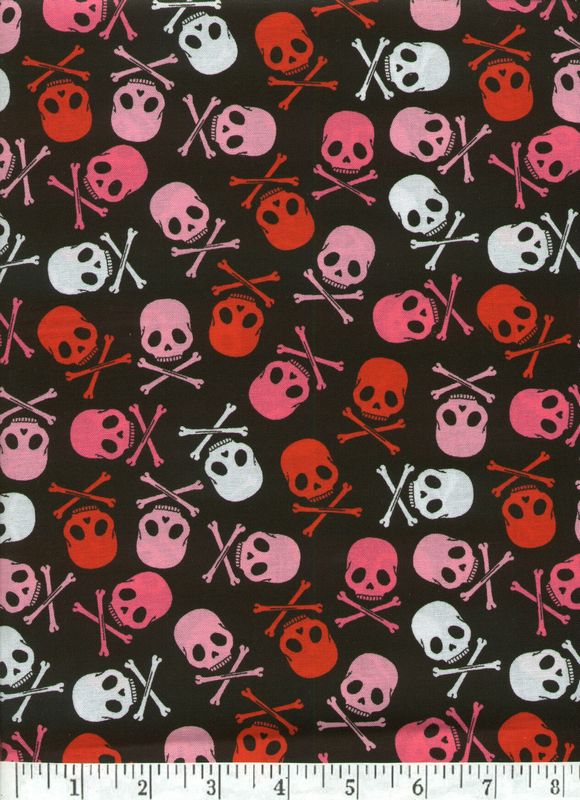 Red, White and Pink Skulls on a black background.