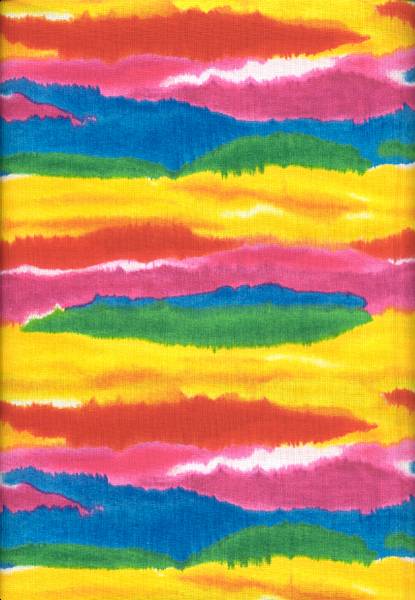 Stunning orange, blue, green and red colors painted across in a tye dye fashion create this beautiful fabric.