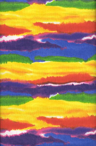 Stunning blue, green, yellow, purple and red colors painted across in a tye dye fashion create this beautiful fabric.