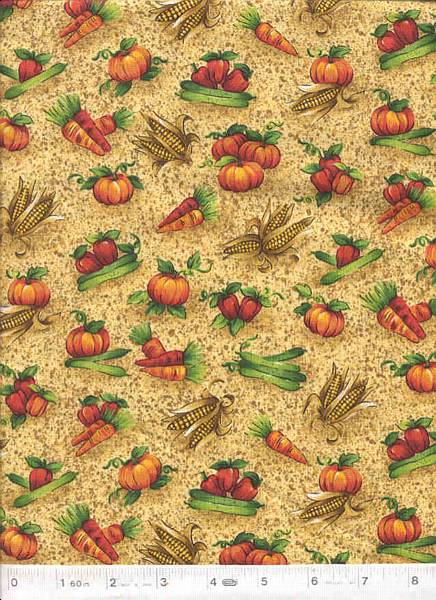 RJR has created a beautiful Autumn fabric with pumpkins, corn and other fall foods on a speckled tan background.