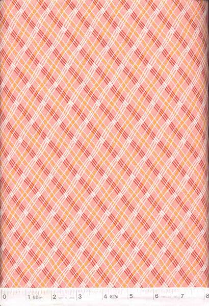 Wonderful feedsack  reproduction fabric of a wavy plaid in orange, red and white.