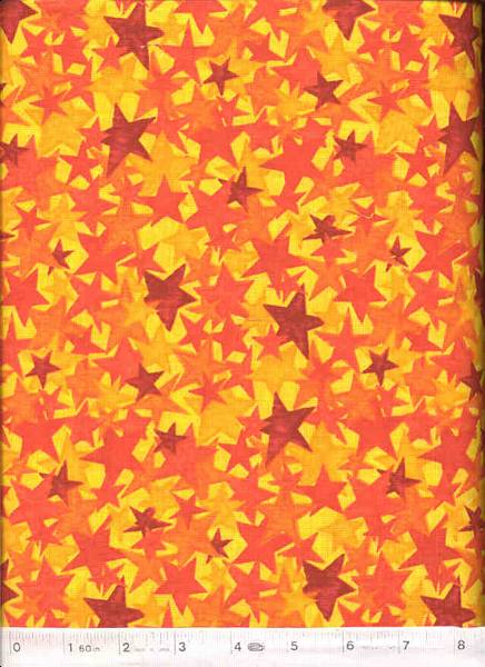 Bright Orange, Red and Yellow stars cover this soft cotton fabric by Robert Kaufman Fabrics.