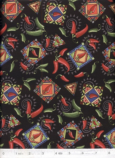 A south of the border mix of art and chili peppers create a fun and festive fabric.