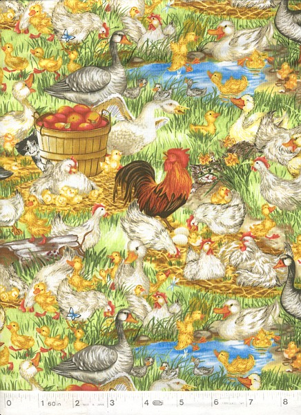 This soft cotton fabric is covered by chickens, ducks, roosters and a kitten peaking around the corner of the apple barrel.