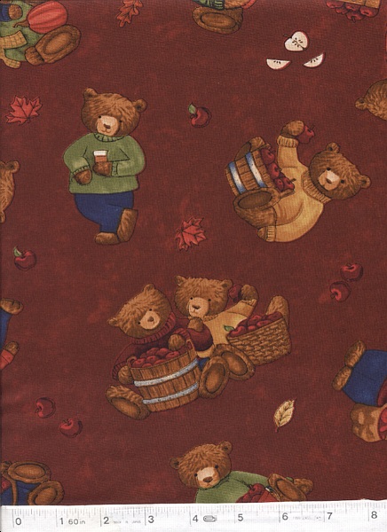 Apples and bears in rich and festive autumn hues create a wonderful theme on cotton by Teresa Kogut of South Seas Imports.