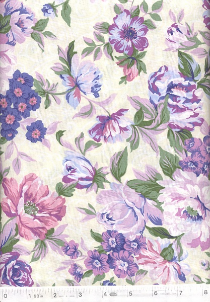 Purple,pink, blue and green large flowers on cotton fabric by RJR.