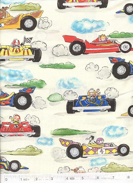Colorful cartoon drag racers on a cream background.