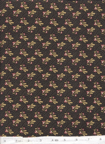 Beautifully detailed floral fabric in soft pale green, pinks and creams on a black background creates a classy look.