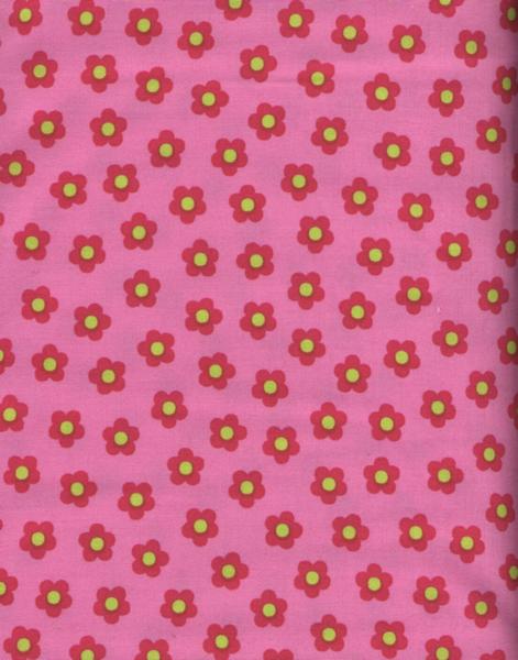 A very pink fabric with red and yellow posies.