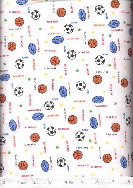 Balls for various sports are featured on this white flannel.