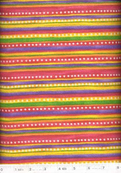 Red, yellow, green and purple stripes and dots stretch across this fun flannel by Hoffman.