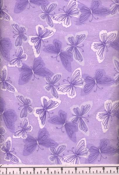 Adorable butterflies flit along all over this soft lavender flannel.