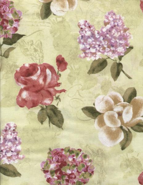 This is a gorgeous and soft fabric with flowers in pinks, reds, and purples on a mottled soft green background.