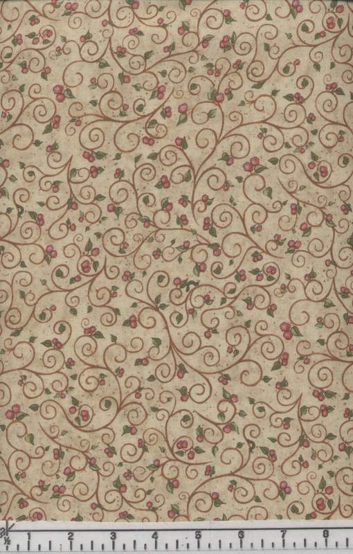 A classic fabric with delicate swirling vines with tiny dots of flowers in pink on a tan background.