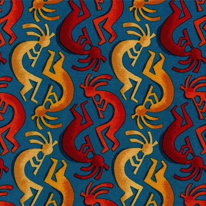 This fabric features Kokopelli on a dark teal background.