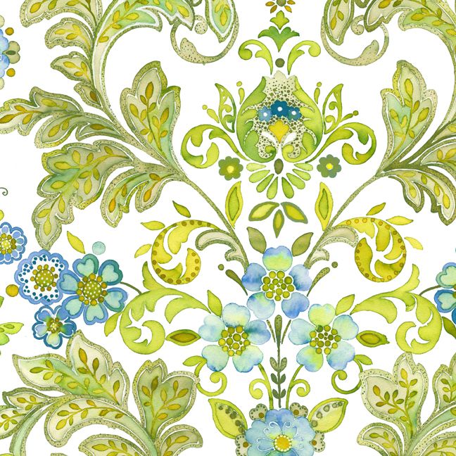 Lovely watercolor flowers in greens, blues and yellows on a white background.