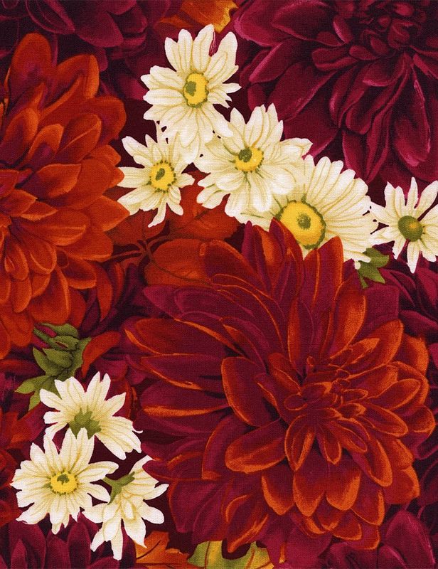 Bright and bold colors show off these large 6 inch Dahlias and white daisies by Timeless Treasures.