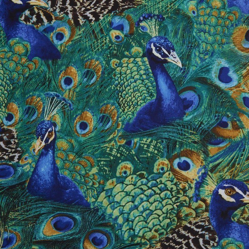 Stunning peacocks in an all-over pattern creates a visual feast.